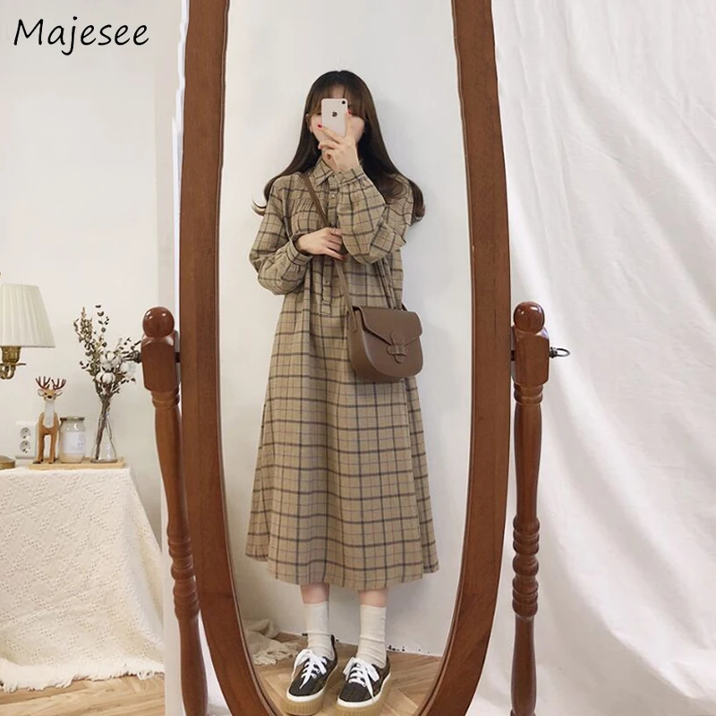 

Платье женское с длинным рукавом, винтажное свободное простое школьное в клетку в Корейском стиле Ulzzang, универсальная Повседневная Уличная ...