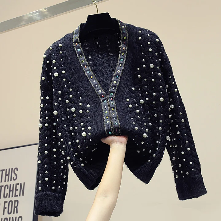 Женский вязаный свитер черный свободный джемпер с вышивкой бисером Осень-зима |