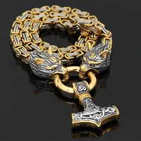 never fade wolf head buckle chain nordic mythology amulet thors hammer two color domineering mens stainless steel necklace
