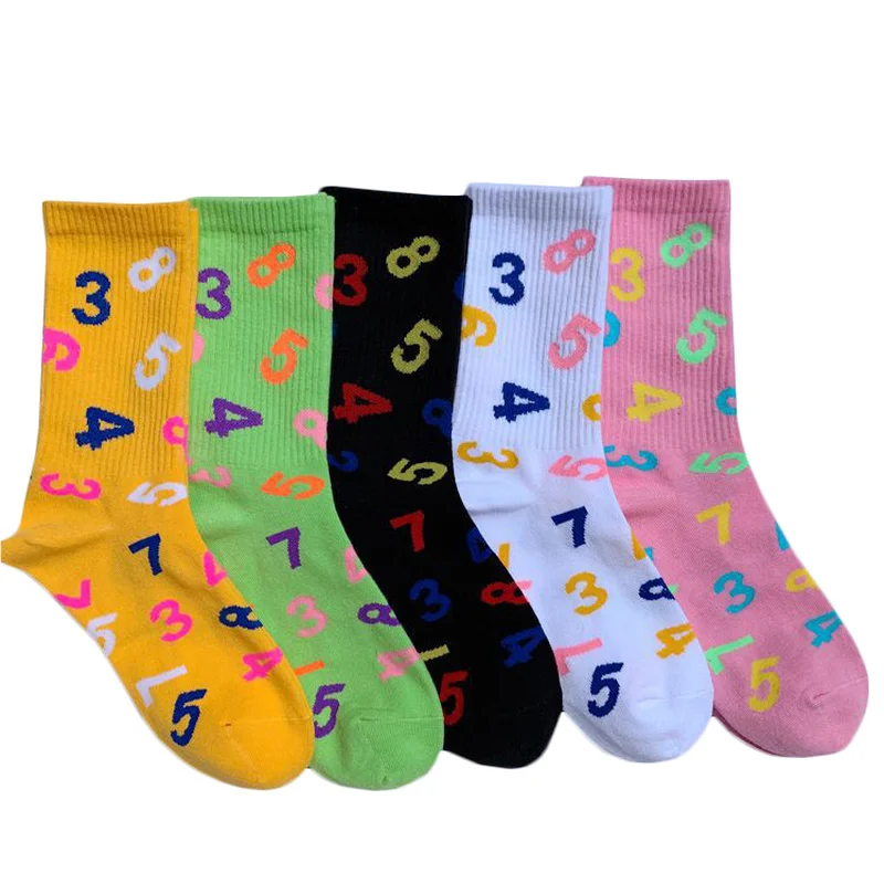 Five Color Girl Boy Socks Number Pattern Color Cool Street Hip Hop Skateboard Socks Five Pairs One Pack
