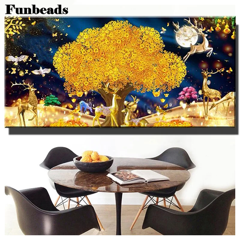 

5d алмазная живопись «сделай сам», мозаика с золотым деревом, вышивка крестиком, 3d Алмазная вышивка, богатый олень, круглая квадратная вышивк...