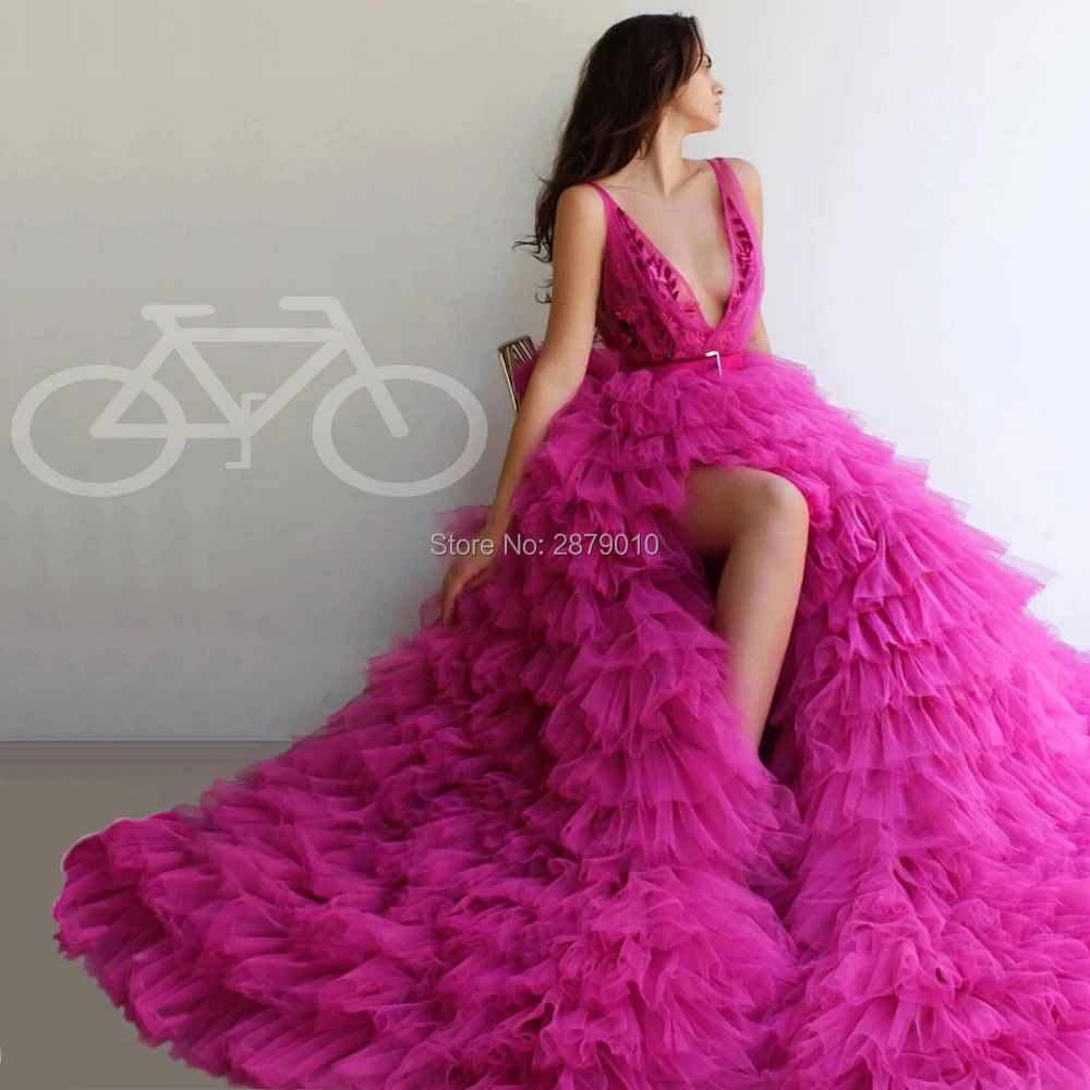 

Sexy Fuchsia Evening Dress Formal Dress Ball Gown Slit V-Neck Layered Embroidery Sash Sleeveless Lady Tiered Gown Dress Zipper