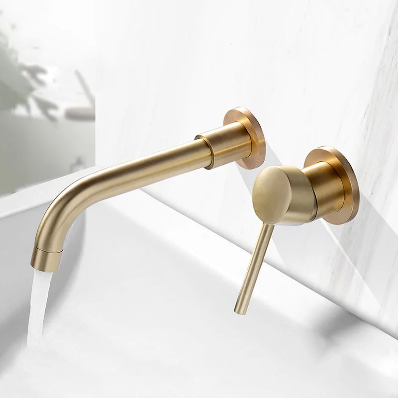 

Basin Faucet Mixer Bathroom Sink Faucets Brushed Gold Brass Wall Mounted Bathroom Widespread 2 Hole Basin Tap Bathroom Sink Taps