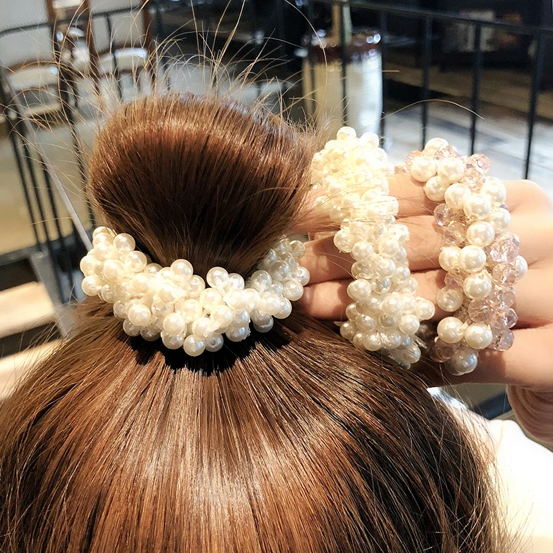 

China hair rope pearl rings sweet head hair, Swire head rope girl net red ins wind rubber band head hair ornament