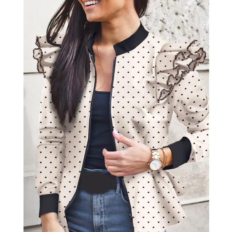 

3XL Plus Size Stand Collar Zipper Women Printed Coats Ruffles Short Jackets 2021 Autumn Thin Leopard Lady Jacket Outerwear G1934