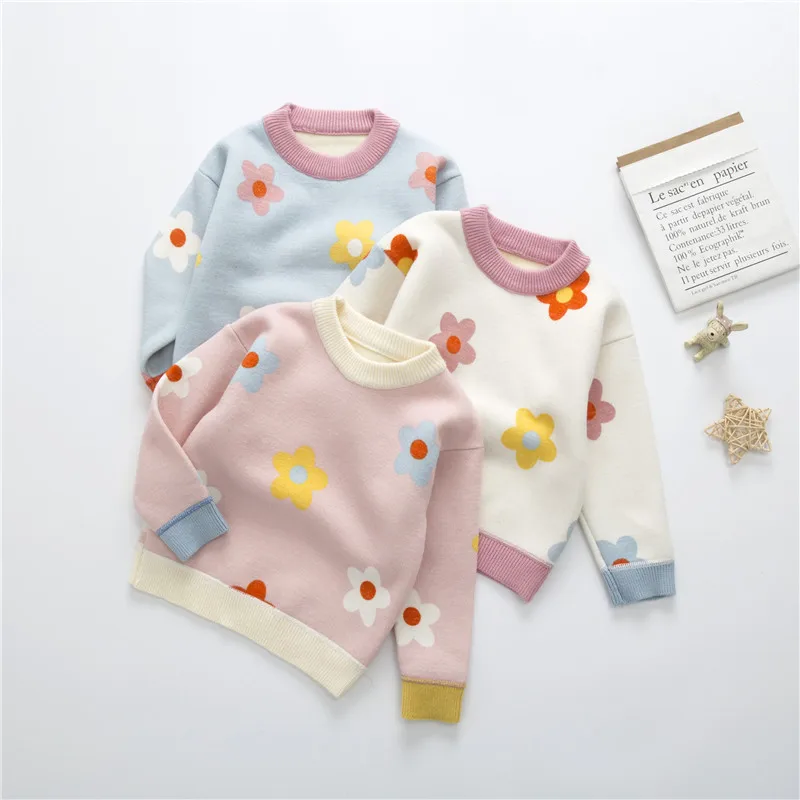 

Bear Leader Autumn And Winter Children Plus Cashmere Sweater Girls Baby Flowers Thickened Pullover Knit Bottoming Shirt