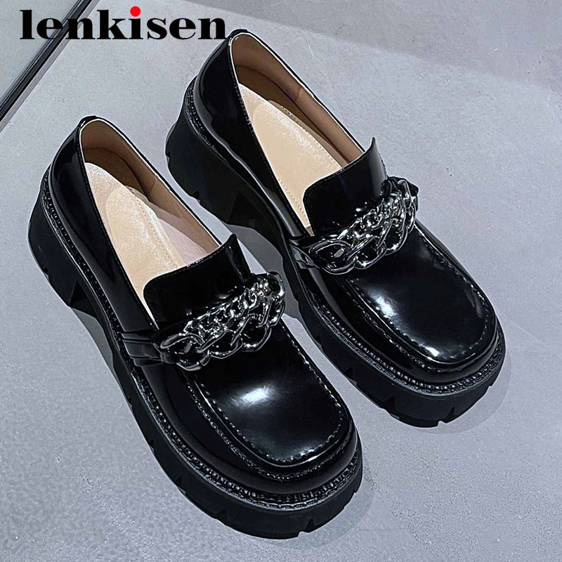 

Lenkisen british school full grain leather chains decorations square toe thick high heel slip on young lady cozy women pumps L30
