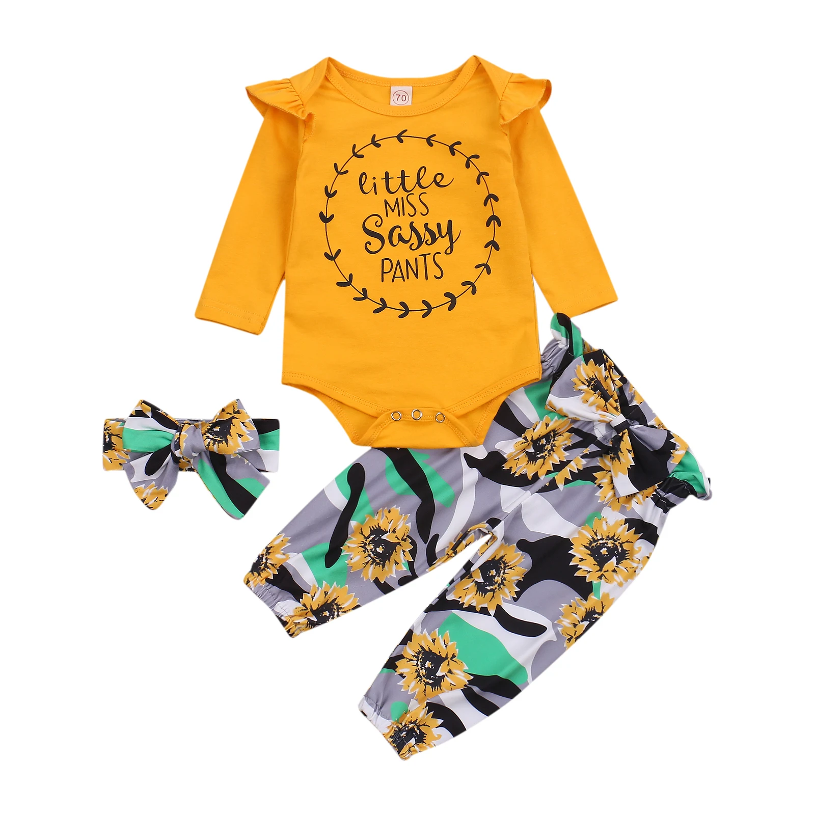 

3Pcs Newborn Girls Casual Outfits Infant Letter Fly Sleeve Round Neck Romper + Floral Pants + Headband Bowknot Spring Autumn