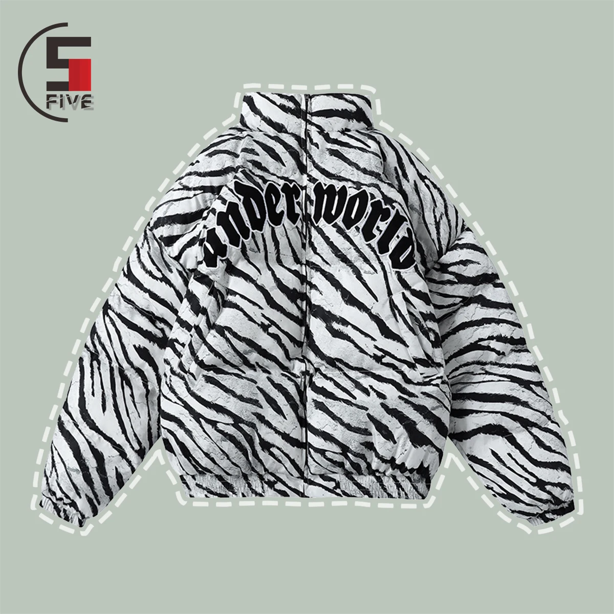 

Harajuku Zebra Print Parka Men Streetwear Casual Hip Hop Parkas Winter Embroidery Cotton Padded Zipper Thicken Warm Down Jackets