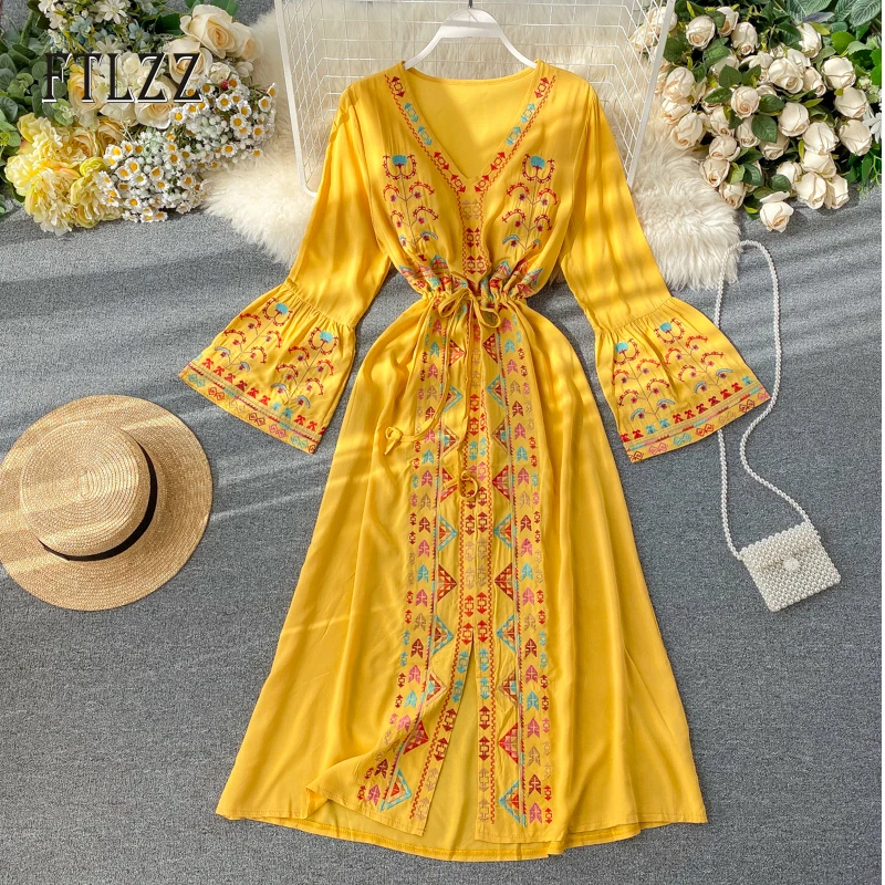 Винтажное платье с вышивкой женские облегающие платья V образным вырезом новинка