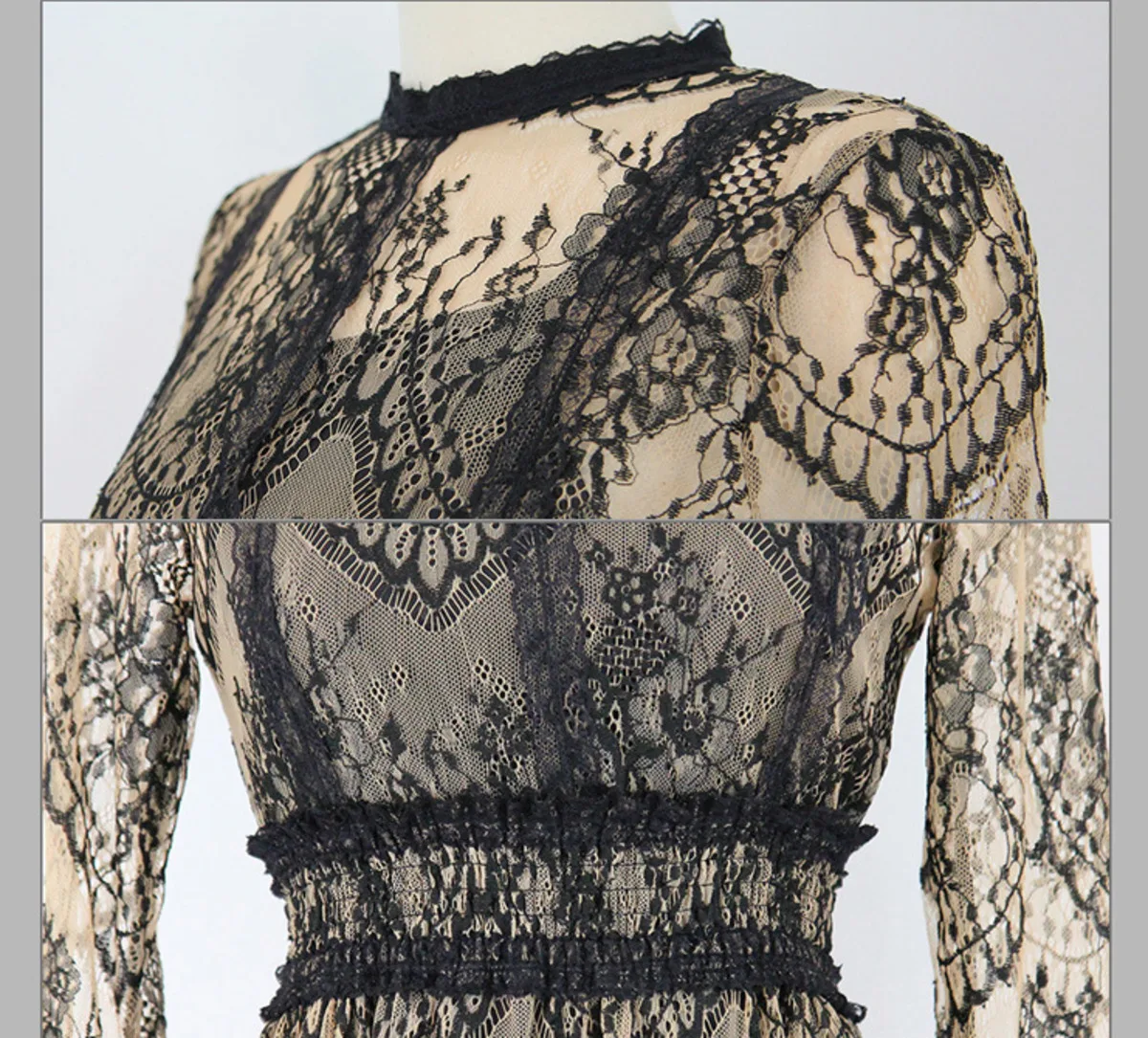 

BacklakeGirls 2020 Sexy Round Neck Black Lace Hollow Out Evening Dress Long Sleeve A Line Lace Party Dress Robe Dentelle
