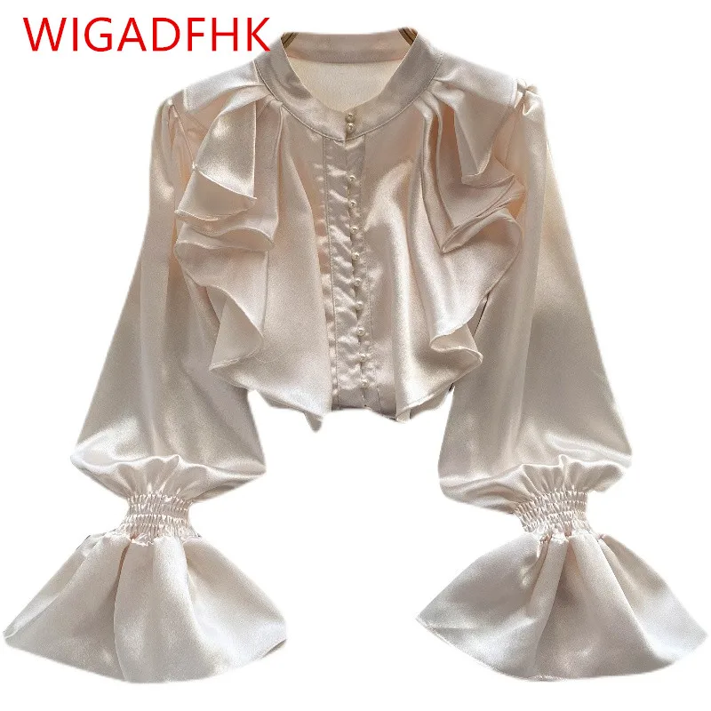 

Элегантная атласная блузка Осенняя Женская Ретро блузка свободного кроя в западном стиле с воротником-стойкой повседневные офисные блузки...
