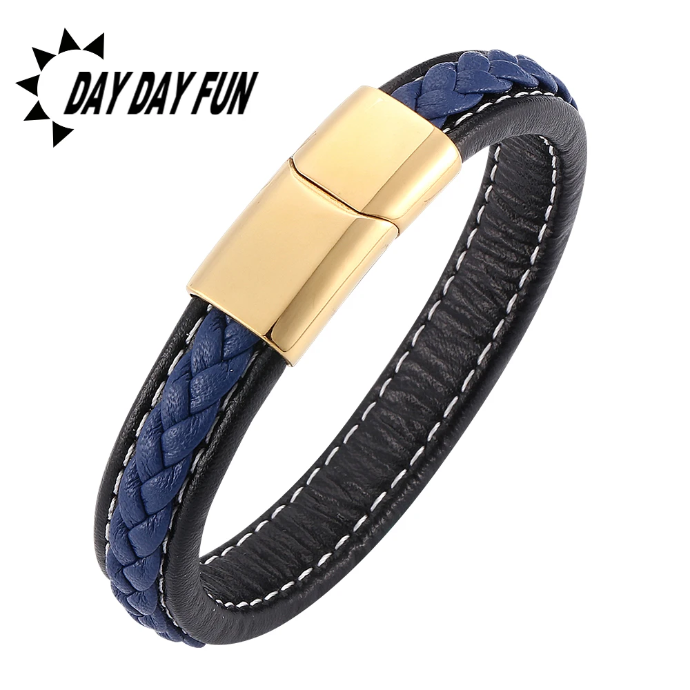 Мужской черный синий плетеный кожаный браслет золотой нержавеющая сталь