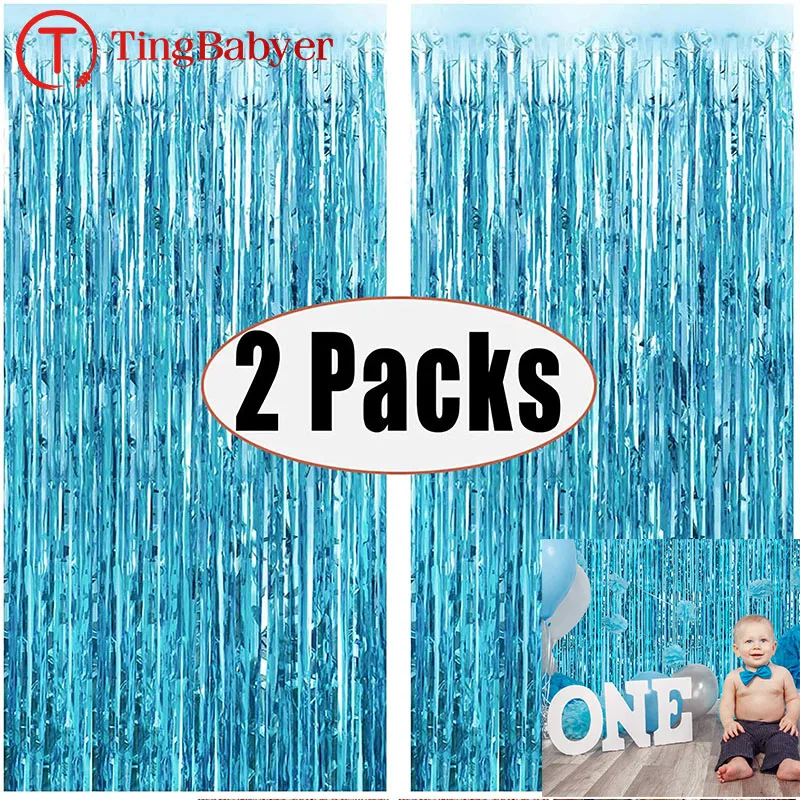 2Pack 1X2M Blue Rain Tinsel Curtain First Happy Birthday Decoration Adult Kids Baby Boy Girl 1st One Year Party Garland Decor