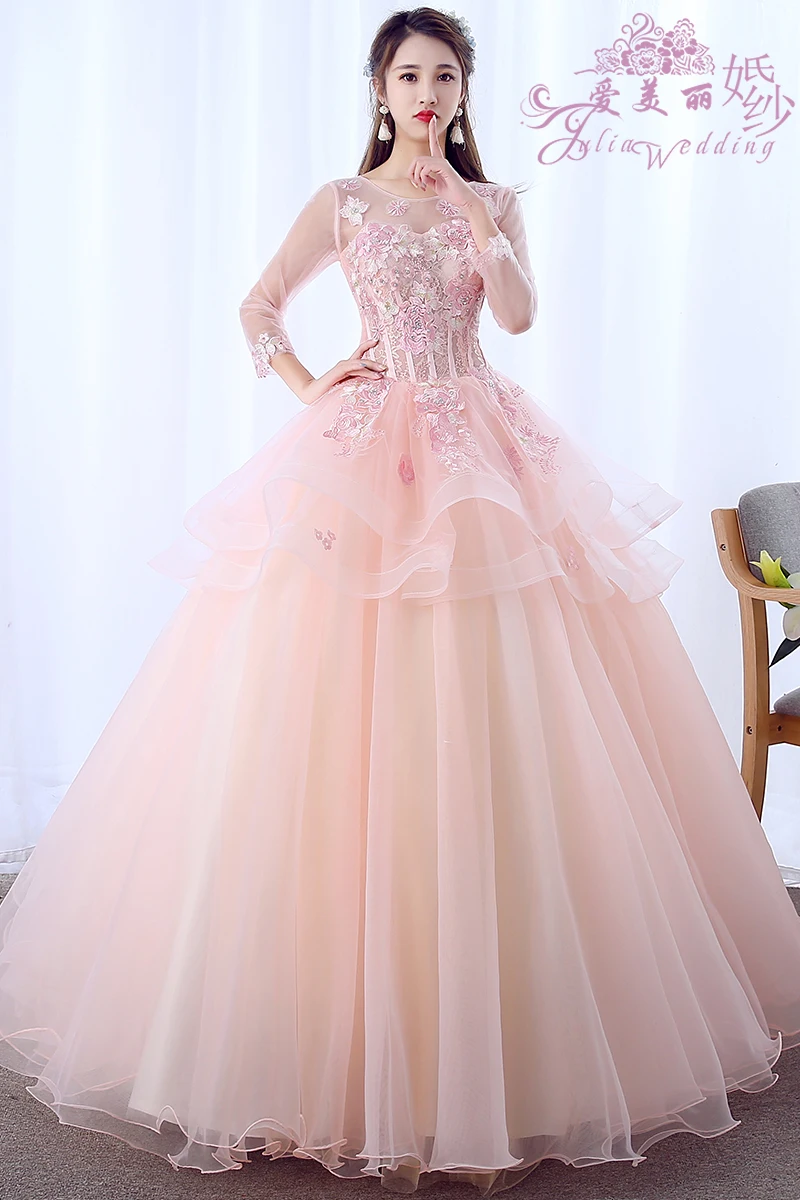

Sweet 16 Dress Appliques Beaded Ball Gown Quinceanera Dresses 2019 Romantic Long Sleeve Debutante Dress For Vestido de 15 anos
