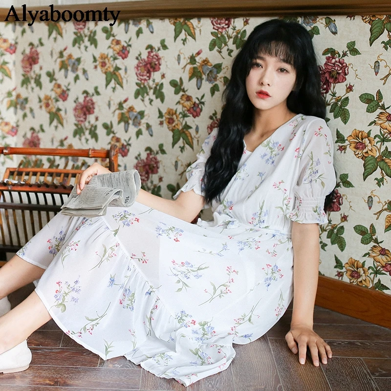 2020 New Summer Women Floral Long Dress V Neck Flowers Printed High Waist Vestidos Femininos Chiffon Ruffles Mori Girl Dresses | Женская