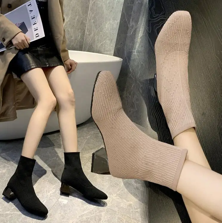 Носки ботинки женская обувь женские Модные ботильоны новинка 2019 Осенние тонкие