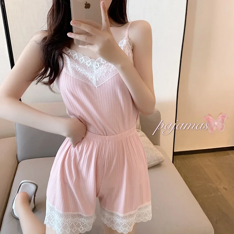 

Fall 2021 New Ladies Pajamas Sexy Lace Stitching Thin Home Service Suit Two-piece Women's Sleeveless Suspender Sleepwear