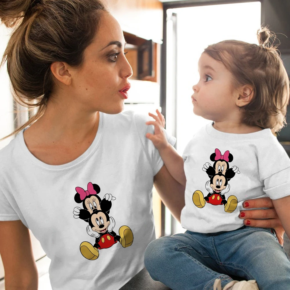 

Summer Fashion Shirt Mickey Minnie Famliy Look Graphic Kids T Shirt Women Tops Base O-neck Funny Children Girl Boy Tshirt