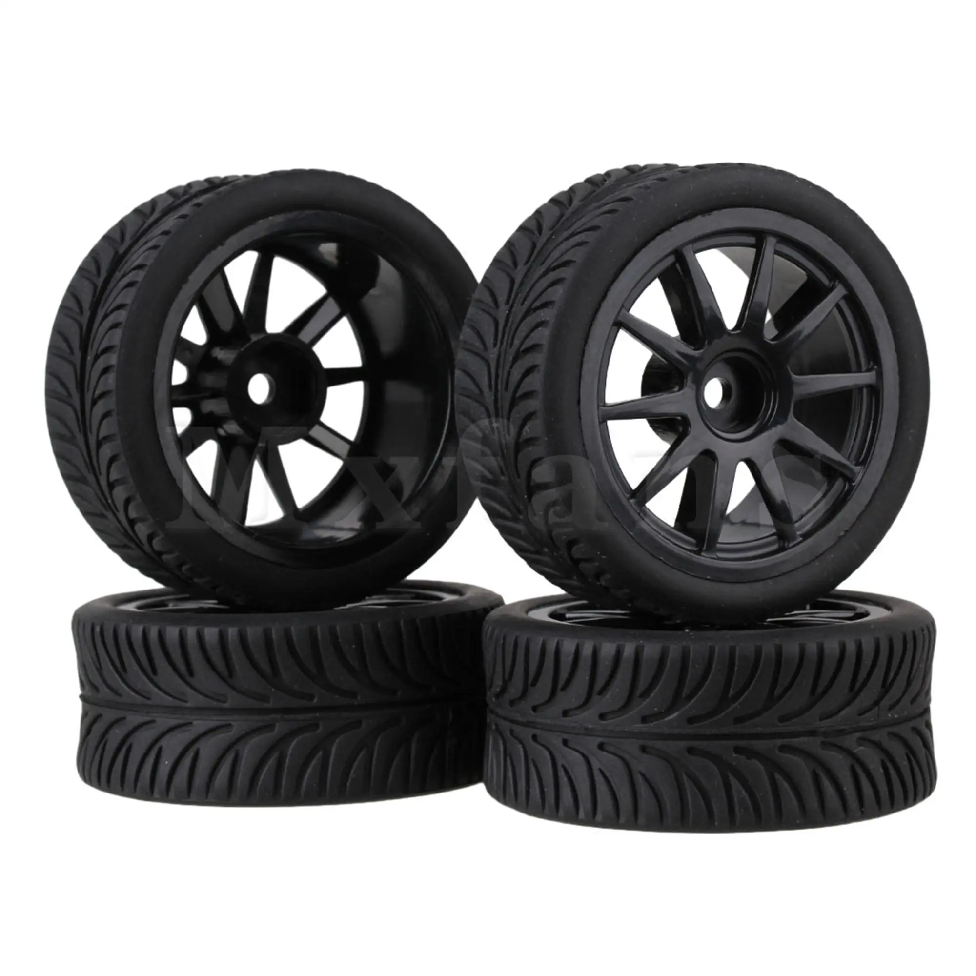 

4PCS Black RC1:10 10-Spokes Car Wheel Rims & Leaf Pattern Rubber Wheel Tires for On-Road Car