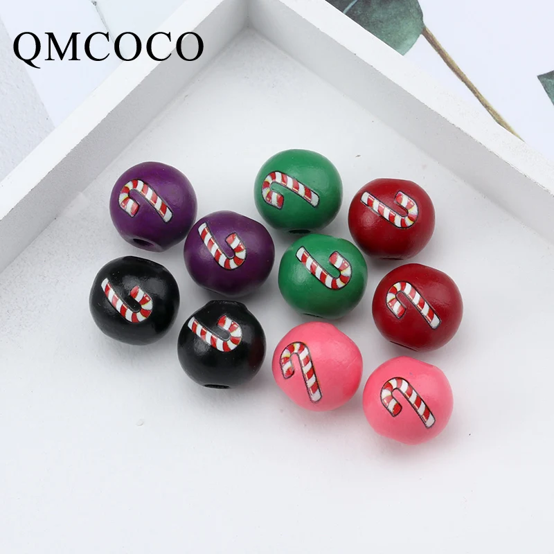 

Hot Selling 20Pcs/Pack Christmas Candy Cane Round Beads 16mm Hemu Printing Beads Kids Toys DIY Handmade Loose Beads Accessories