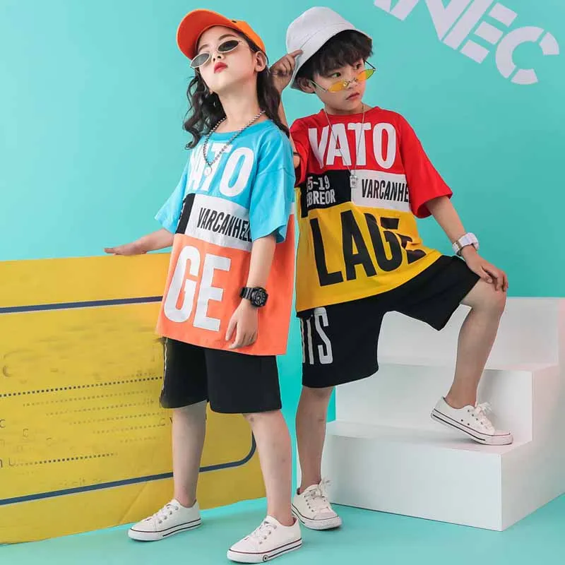 

Girls Boys Letter Print Short Sleeve Top Loose Shorts Children's Jazz Dance Costumes Street Dance Wear New Rave Clothes XS1317