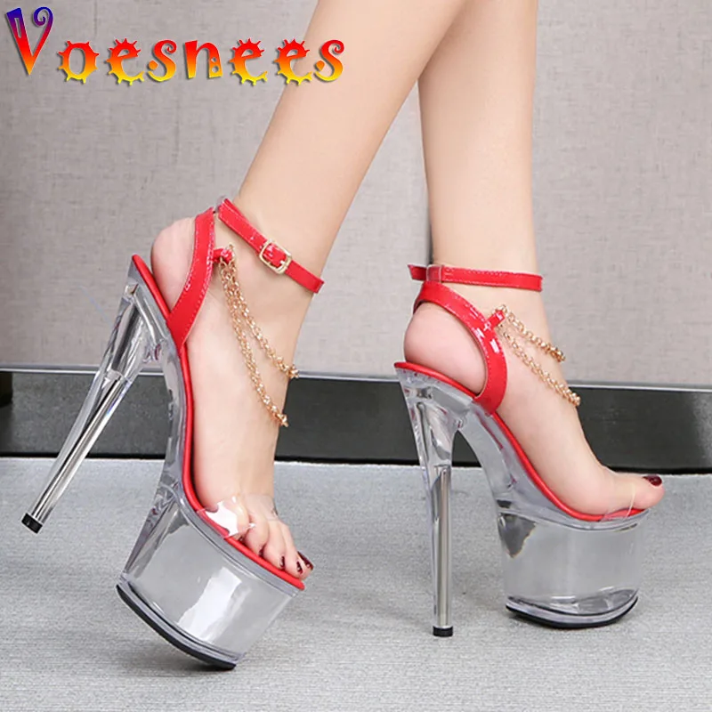 

Transparent Sexy Women Shoes Summer Fashion Metal Decoration Chain Sandal 2021 New Hyaline Platform PVC Crystal High Heel Shoes
