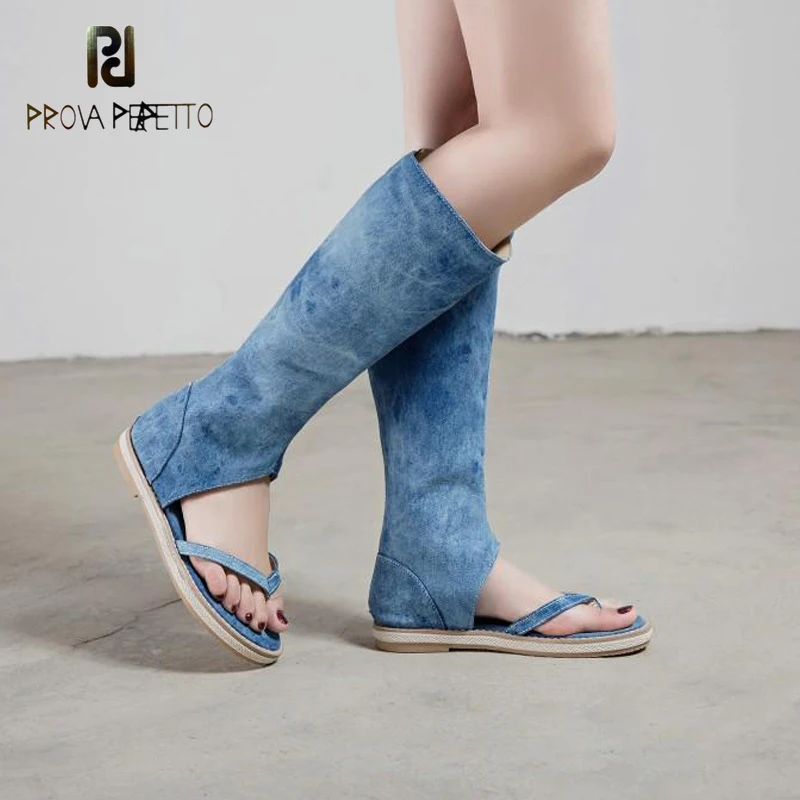 

College Style British Round-toe Flat-heel Casual Sandals, Denim Stitching Trendy Flip-flops, Knee-length High-top Sandals