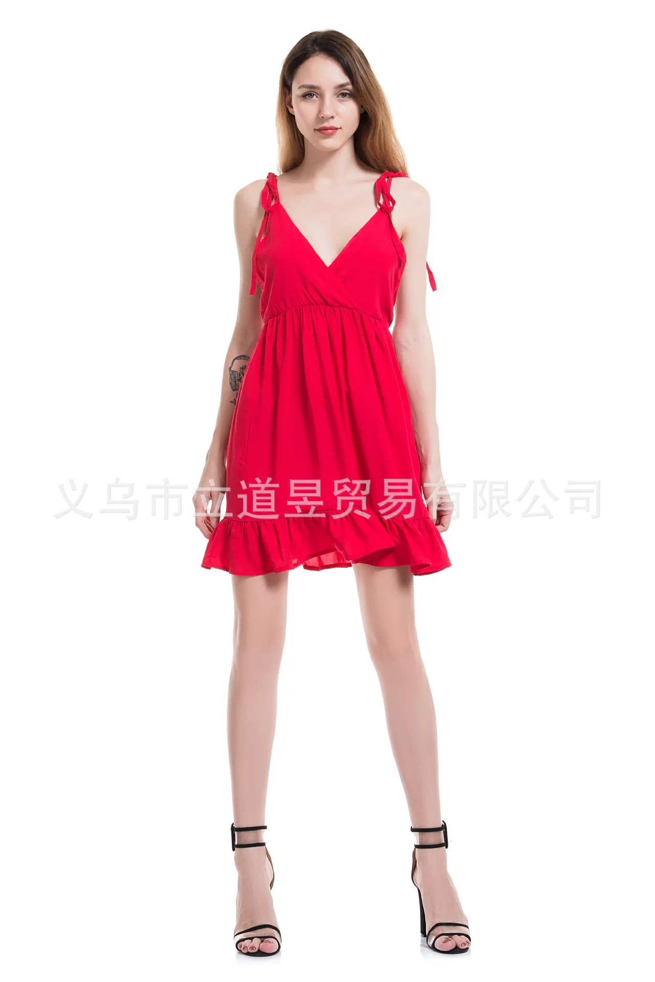 

2020 Sexy Cross Deep V-neck Suspender Ruffle Dress Summer Dress Woman Dress Y2k Dress Knee-Length Sleeveless Solid Clothes