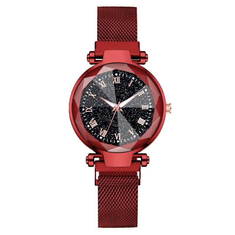 

Luxury Female Quartz Watch Magnet Gold Stainless Steel Roman Numerals Diamond Starry Sky 3D Glass Ladies Quartz Watch For Women