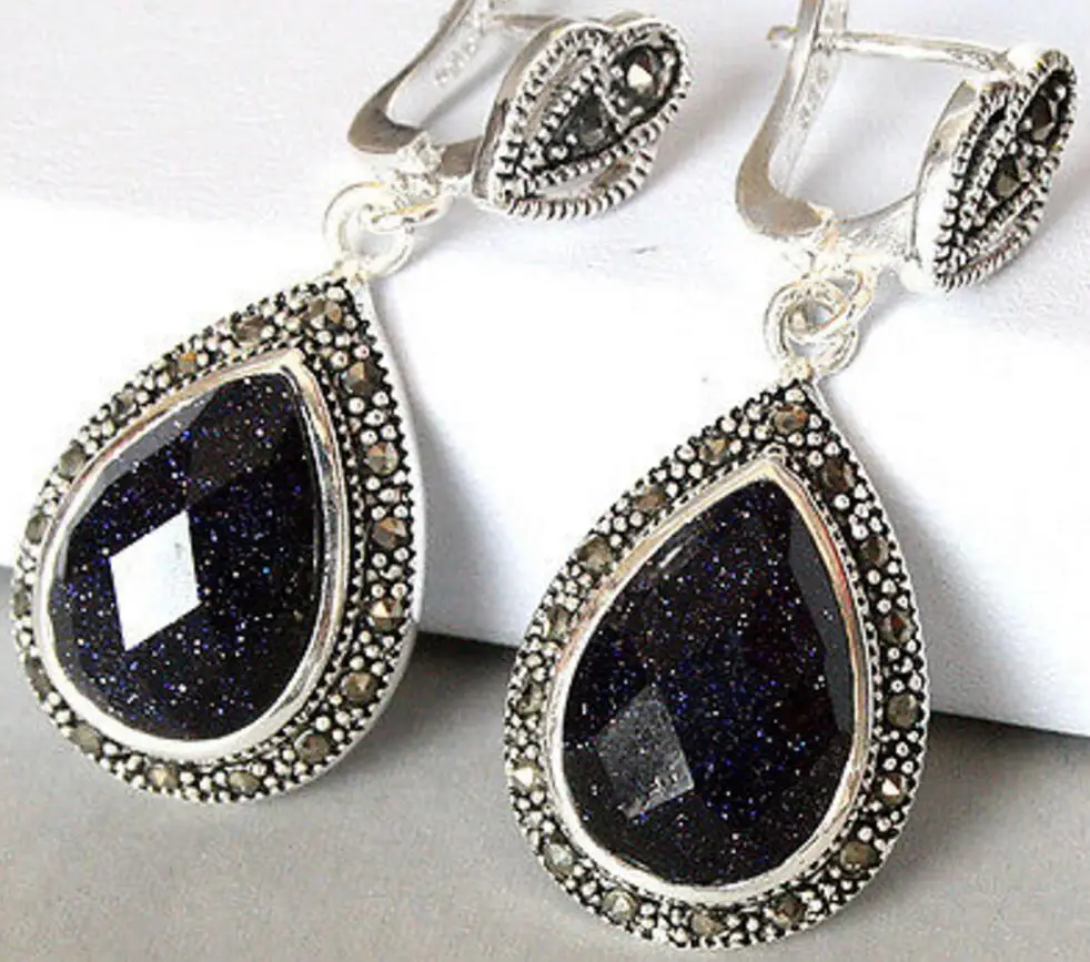 

lady's 925 Silver Natural Blue Sand jade Marcasite Drop Earrings