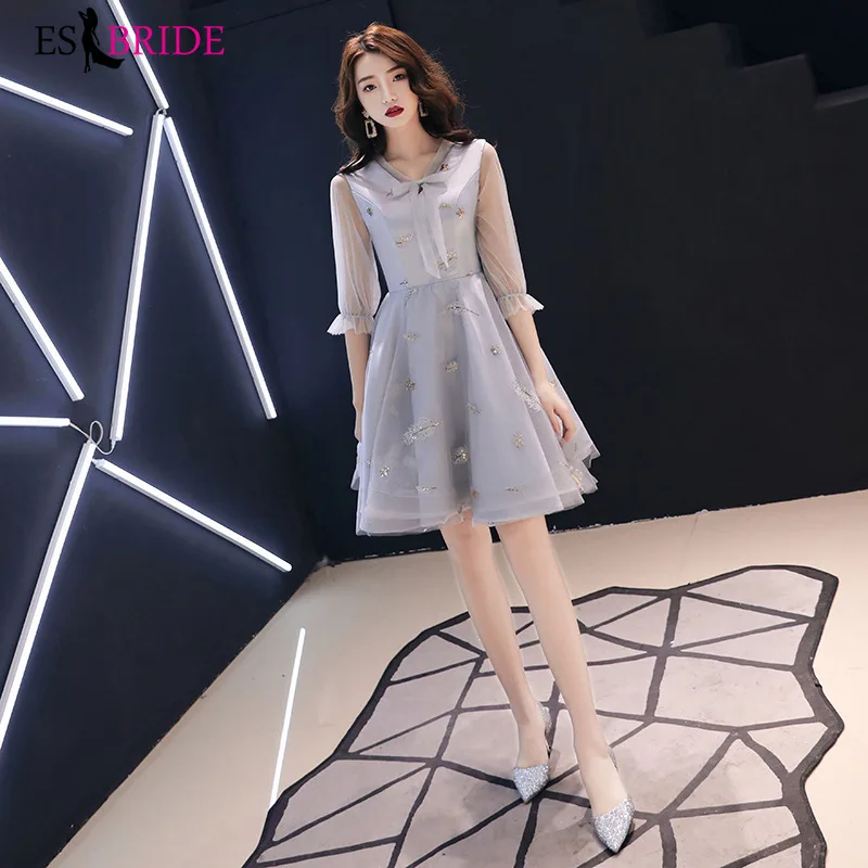 Элегантные коктейльные платья с вышивкой ES3261 ТРАПЕЦИЕВИДНОЕ короткое серое