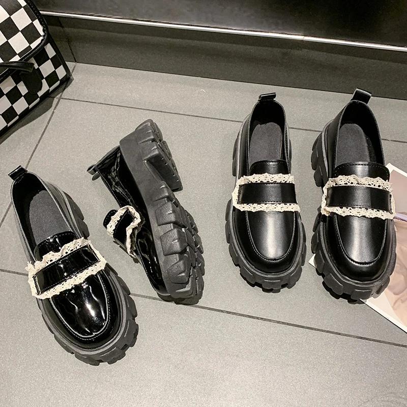 

Flat Black Shoes For Women Female Footwear Autumn Shallow Mouth Casual Sneaker Round Toe Clogs Platform Oxfords British Style Lo