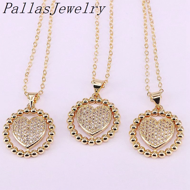 

10Pcs Gold Color Cubic Zirconia Heart in Round Pendant Necklace Clear CZ Charm Micro pave necklace Jewelry
