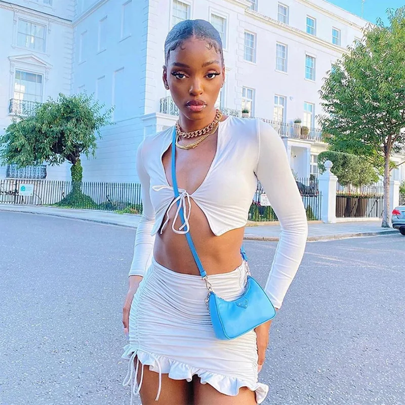 

INS Autumn Two Pieces Sets Sexy Girls Nightclub Styles Female's Long Sleeve Drawstring Tops Pleated Ruffles Bodycon Mini Skirts