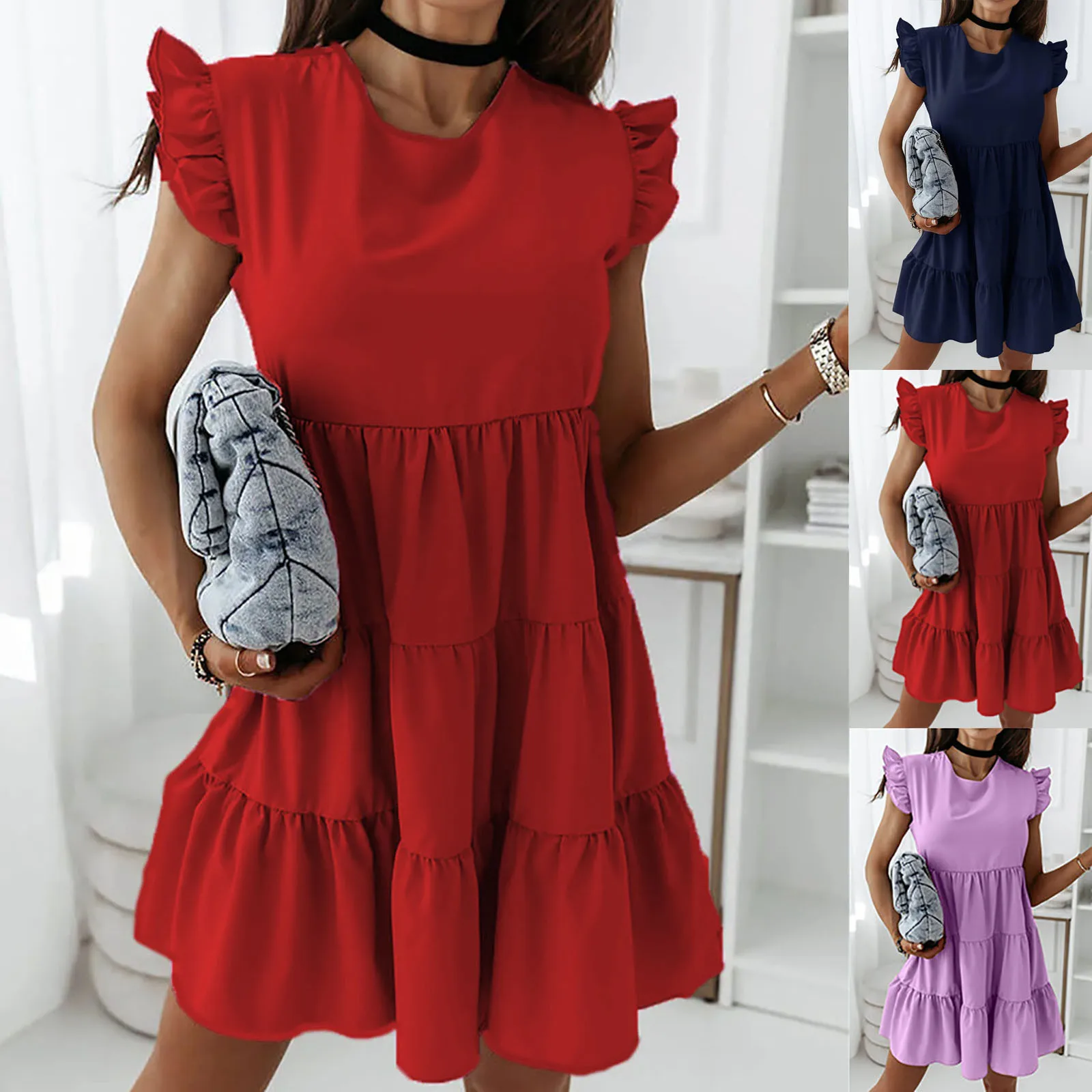 

Женское Повседневное платье с круглым вырезом, однотонное платье с коротким рукавом и строчкой, одежда для женщин, на лето