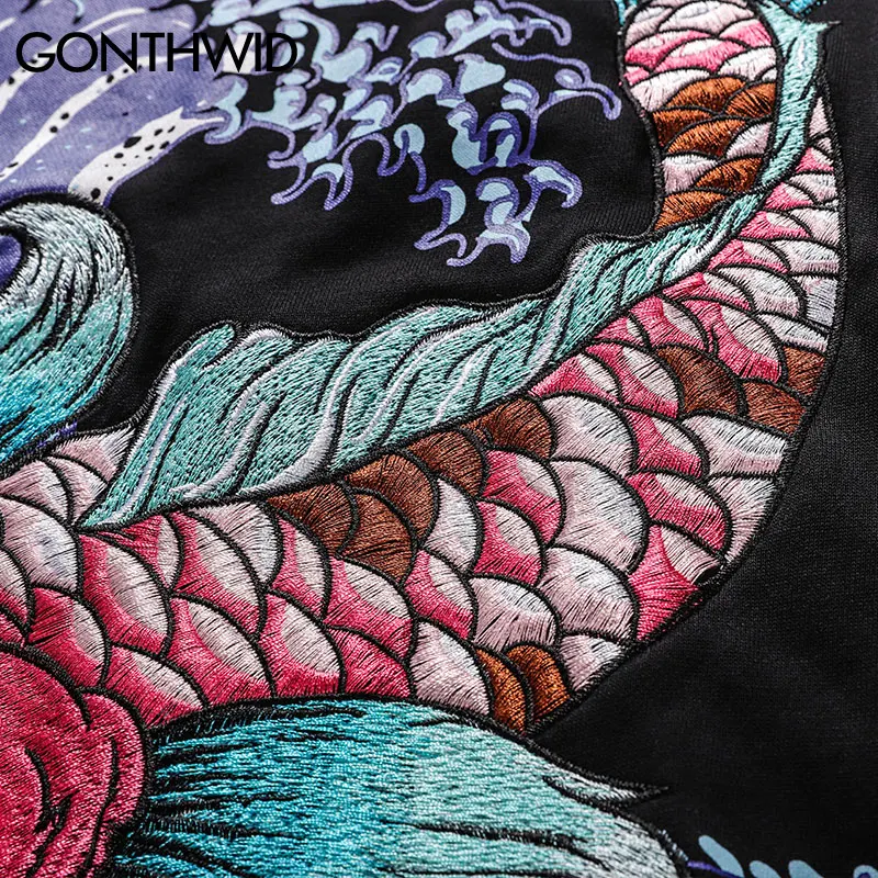 GONTHWID Embroidered Carp Koi Fish Seawave Print Hoodies Sweatshirts Harajuku Hip Hop Fashion Pullover Streetwear Tops | Мужская одежда