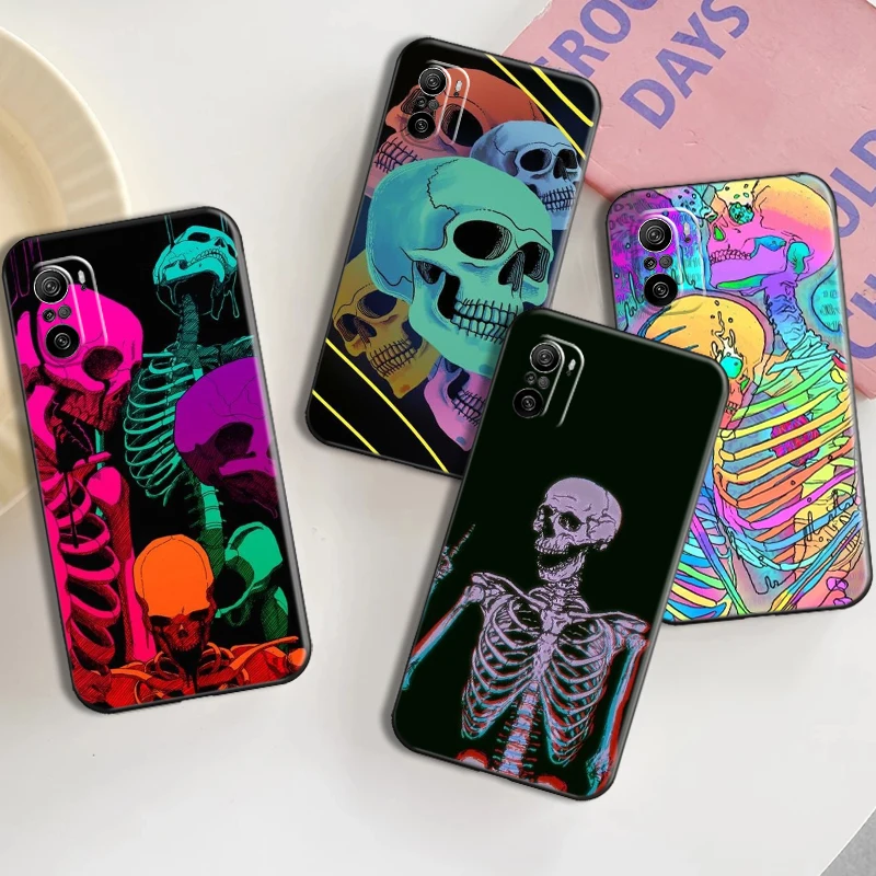 

Phone Case For Xiaomi Redmi 9 9i 9AT 9T 9A 9C 9T 9S POCO F3 GT X3 Pro GT M3 X3 NFC Soft TPU Funny Skull Skeleton Black Cover