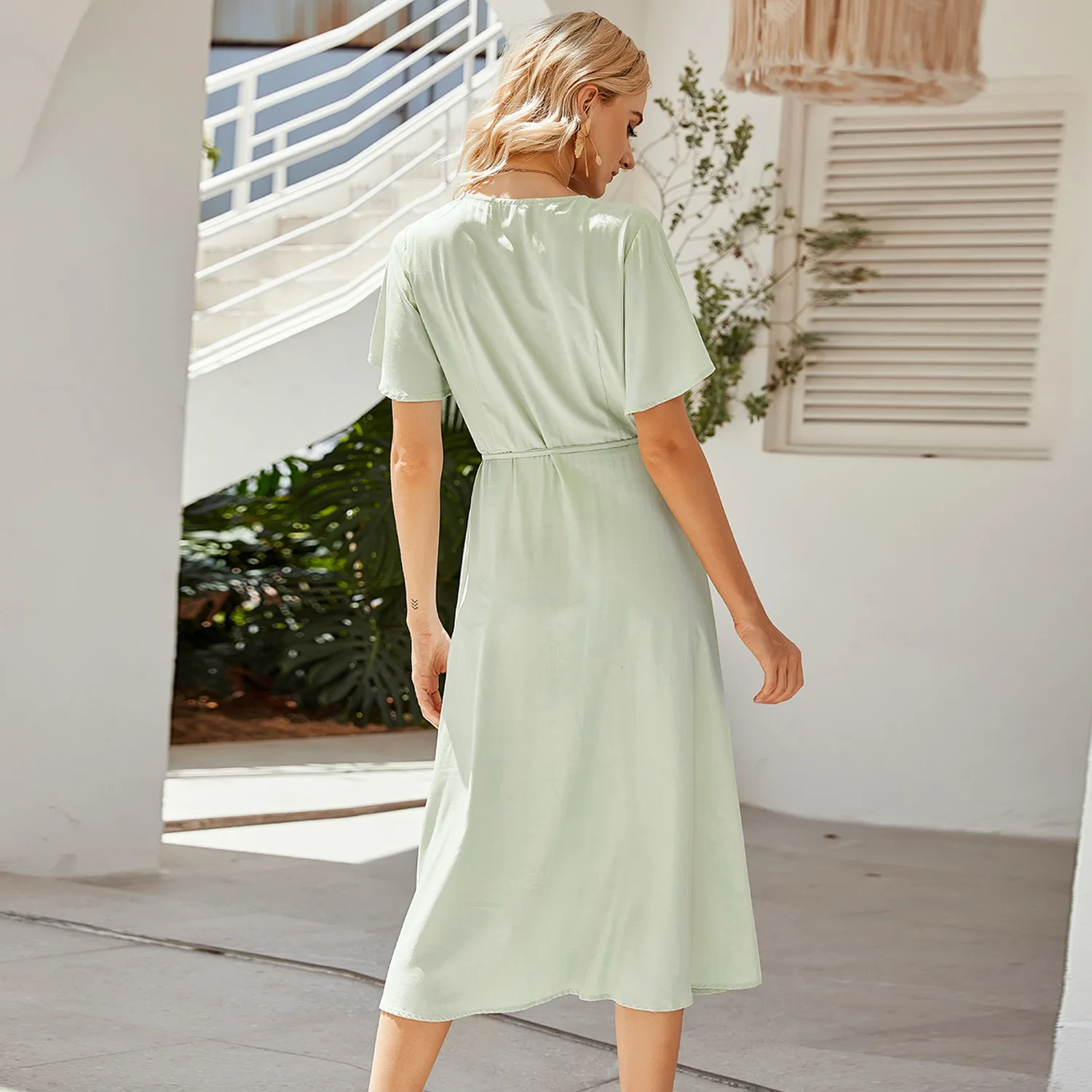 

Fashion 2021 Spring Summer Ladies Dress V Neck Bandage Solid High Waist Chic Casual Split Fork Short Sleeve Female Dress