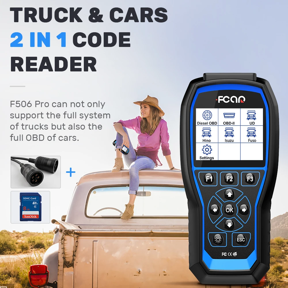 Фото Диагностический сканер FCAR F506 Pro OBD2, считыватели кодов, тестер напряжения аккумулятора, двигатель, воздушный ЭБУ, масло, DPF, сброс, дизельный г... №4