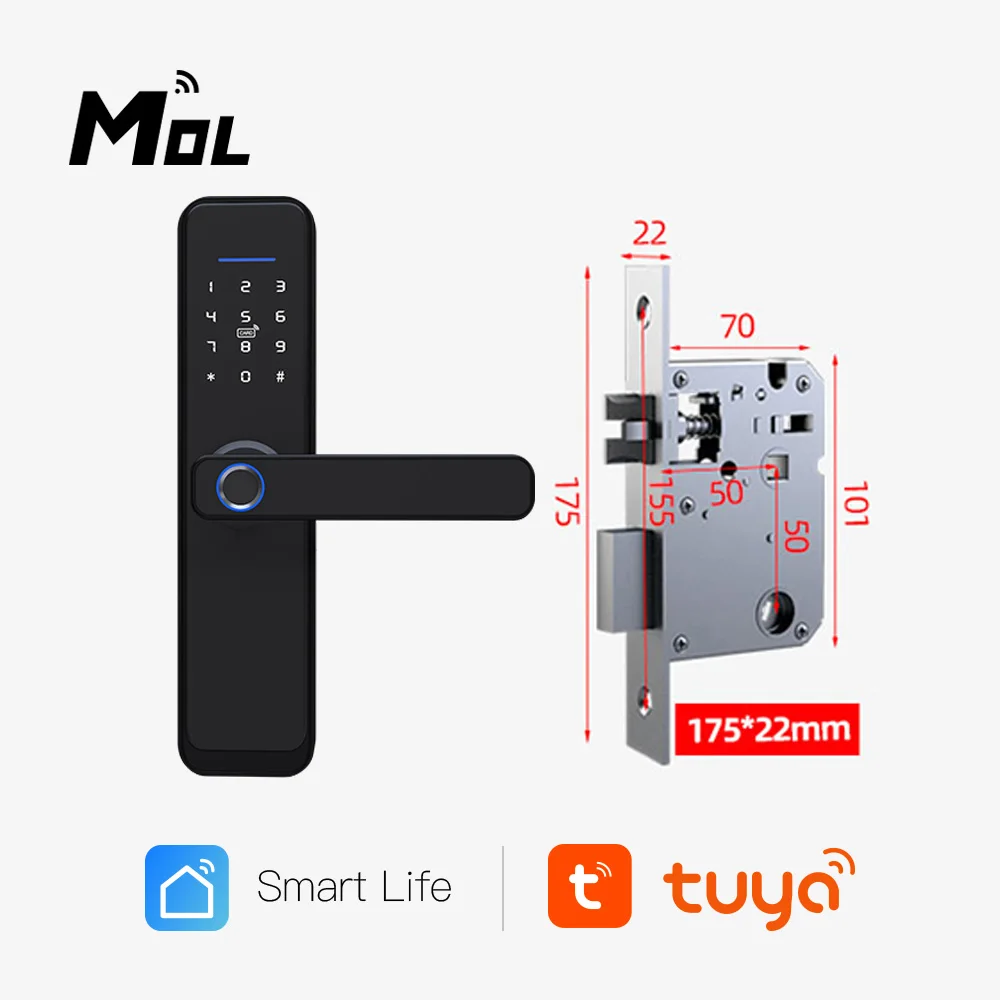 

Tuya Wifi X2 22*175 BLACK Electronic Door Lock Security With Tuya Remotely/Biometric Fingerprint/Smart Card/Password/Key Unlock