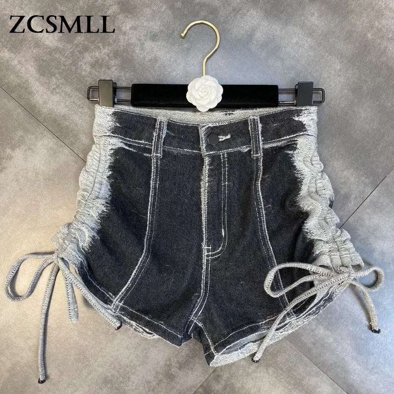 

ZCSMLL New Arrivals Loose Women Shorts 2021 Gradient Color Washed Side Double Drawstring Elasticity Shows Thin Denim Shorts Tide