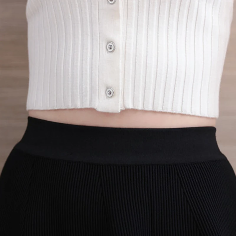 

Solid Skirt A-Line Above Knee Summer Fabric Nature Waist Knitted Skirts Women Pleated Mini Skirt Female Casual Short Black Skirt
