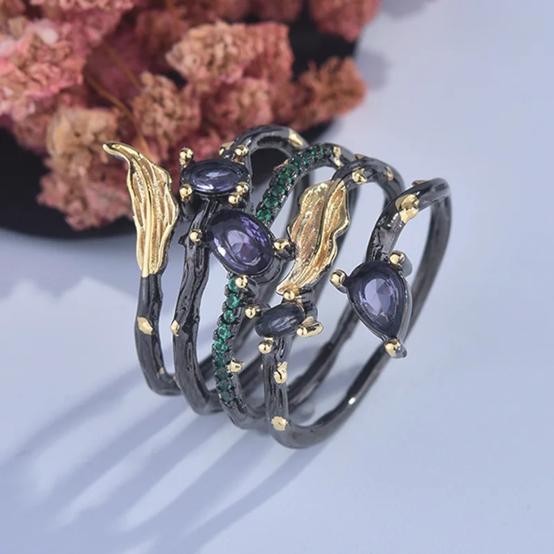 Vintage Exquisite Black Gold Color Leaf Feather Ring Female Purple/Red/Green Crystal Stone Wedding Party Jewelry Accessoire | Украшения и