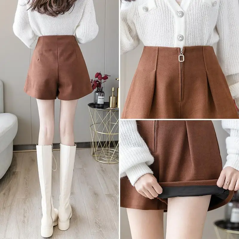 

Ins Korean Woolen Shorts Women 2021 Winter Mini Short Pants Feminino Autumn Elegant Ladies Zipper Shorts