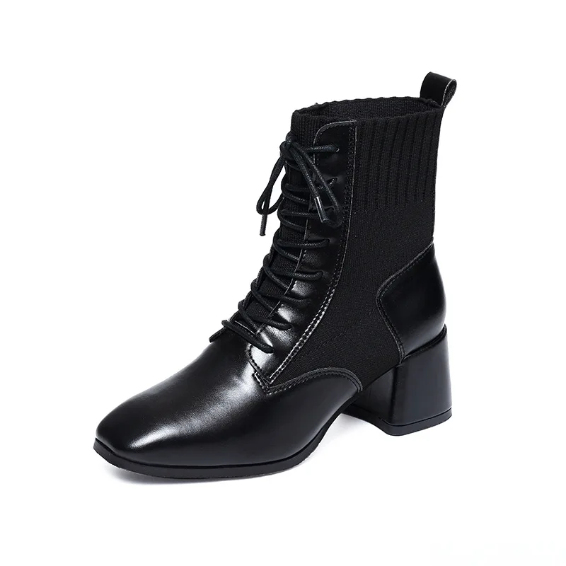 

Boots High Quality 2019 Autumn Ankle Boots For Women Lace Up Med High Heels Booties School Style Motorcycle Boots Shoes CH-B0143