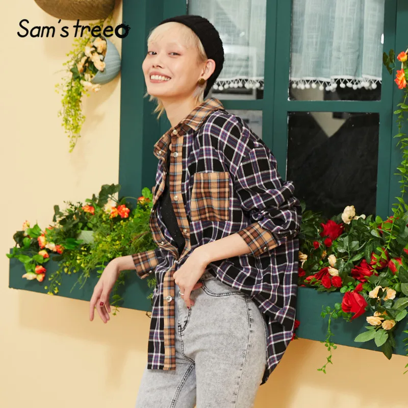 Samstree, клетчатая винтажная британская блузка, рубашка, Женский Топ, осень, длинный рукав, Повседневная мода, большие размеры, женские блузки