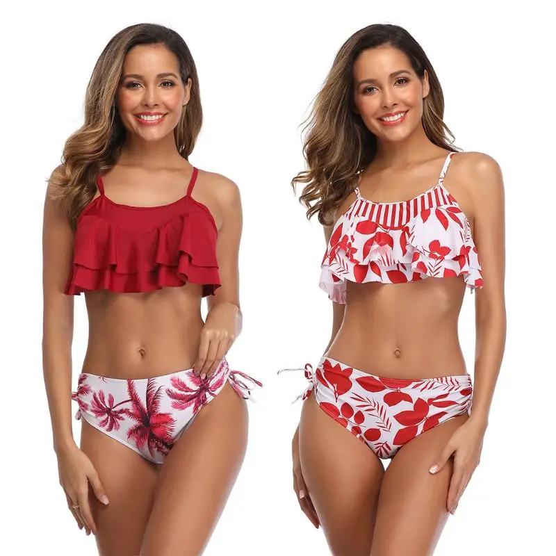 

85AB Women Sexy Two Piece Bikini Set Flounce Ruffled Crop Top Side Tie Drawstring Bottoms Swimsuit Tropical Leaves Print Bathing