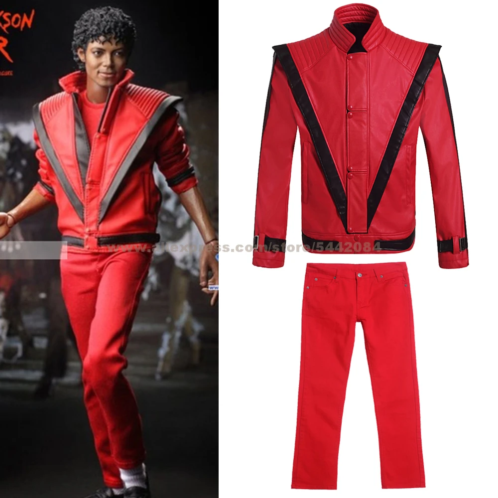MJ Michael Jackson Coat Jacket Thriller Red Retro Leather Coat MTV Pants Collection Outwear Party Cosplay Imitation Costume