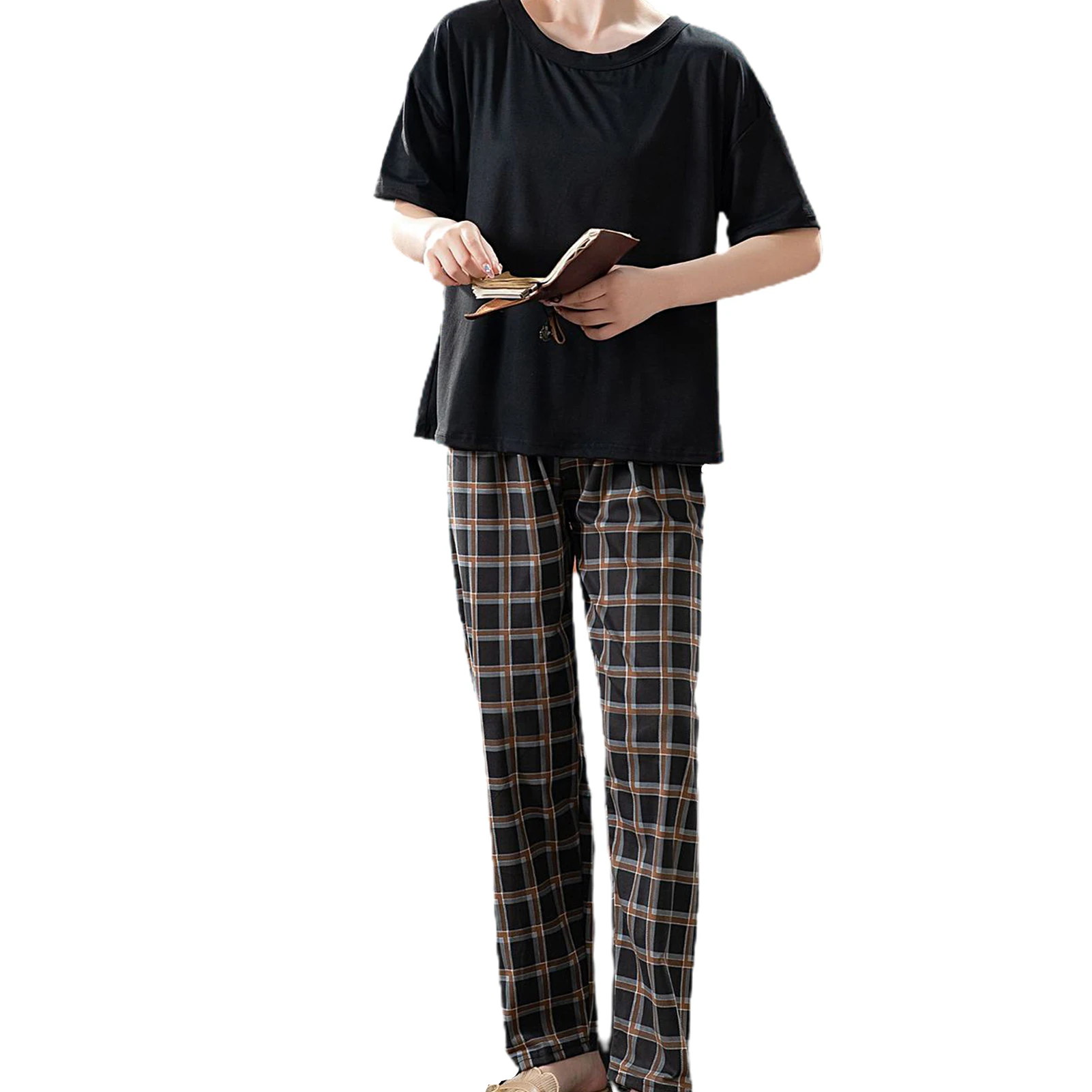 

Women Short Sleeve O Neck T-shirt Blouse Plaid Pants Loose Pajamas Sleepwear Set